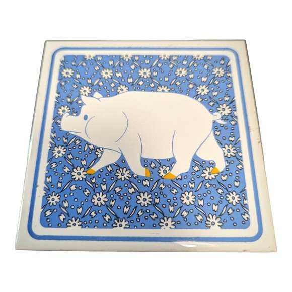 Other - VTG Farm Animal Ceramic Tile Trivet Pig Country Calico 1970s Coaster Spoon Rest